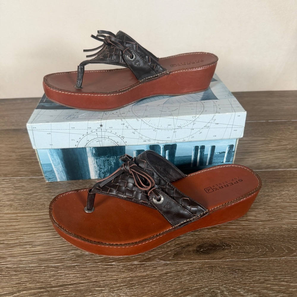 Sperry Top-Sider Coronado Thong Sandals Womens 8M Brown Woven Leather Wedge